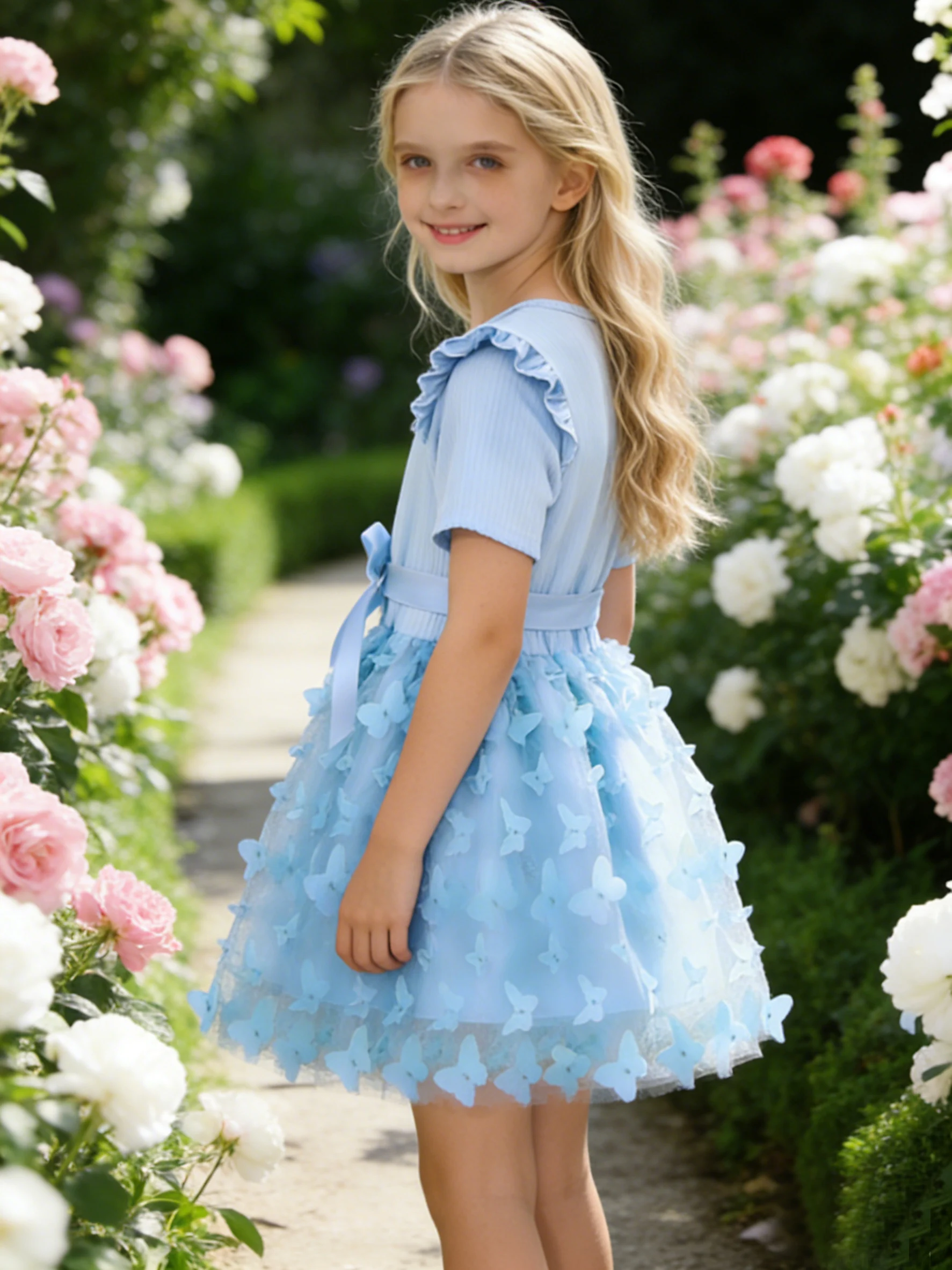 Children's girls' cartoon printed butterfly tulle dress with small flutter sleeves and bow, a children's princess dress