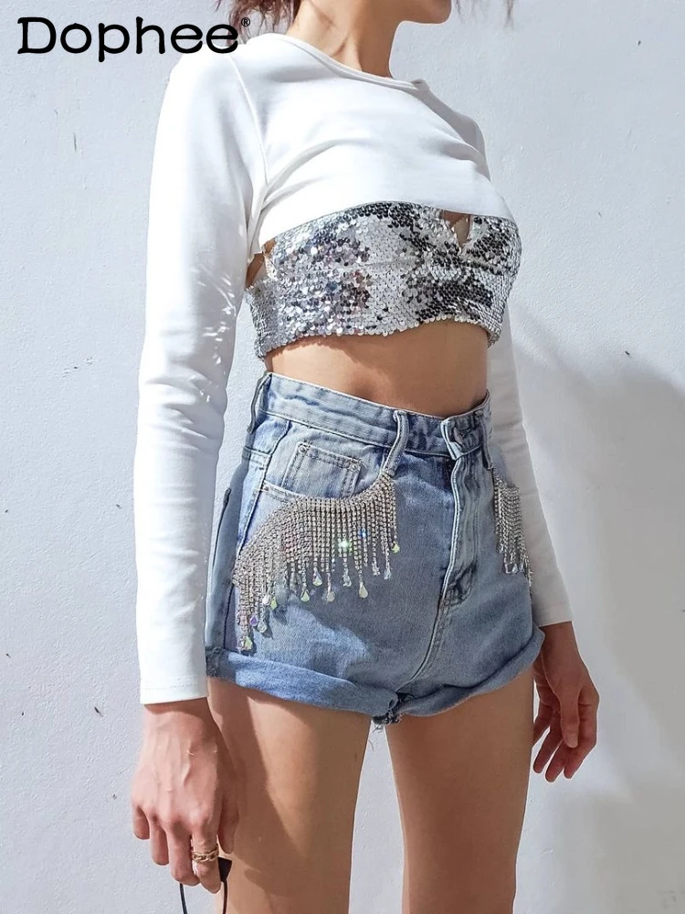 

Heavy Industry White Tassel Chain Rhinestone Beaded Slimming Jeans Women Summer New High Waist Curl Wide Leg Shorts Hot Pants