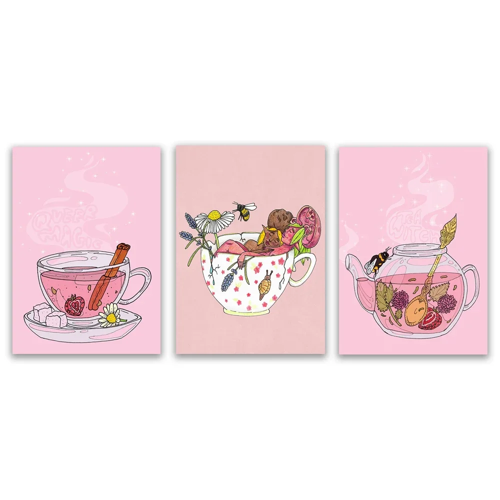 

Tea Cup Snuggle, Tea Witch and Queer Magic Fruit Tea Pink Aesthetics Wall Art Kitchen Dining Room Decor Poster - Mushroom Baby