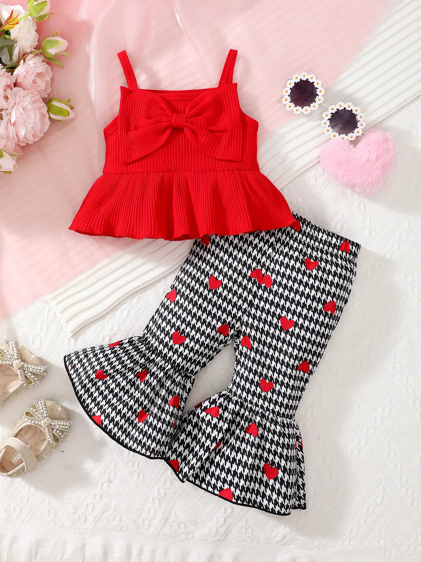 Newborn Girl Baby Summer Sleeveless Big Bow Solid Color Love Printed Pants Set 2 Pieces