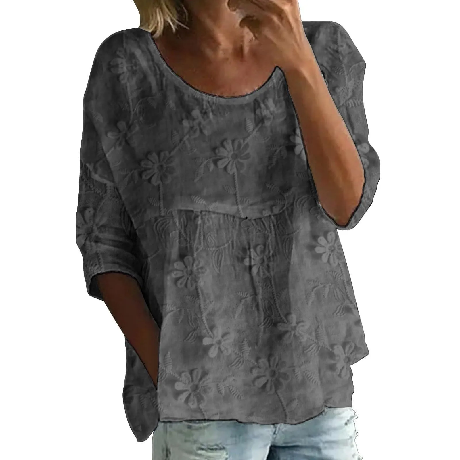 3D Pattern Printed Top Regular Length Ladylike with Short Sleeve Elegant Pullover Mature Regular Sleeve Round Neck Women Shirts