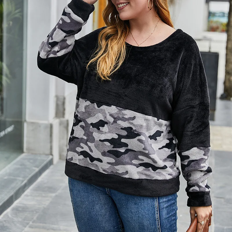 Picture 5: Autumn new plus size leisure sweater fashion ladies round neck long sleeve plush leopard stitching sports sweater.
