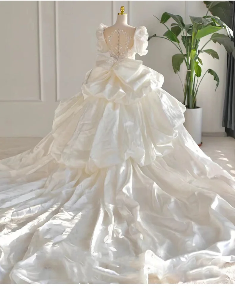 High Neck Cake Tiered Puff Sleeve Wedding Dresses Bead Appliques Bow Ball Bridal Gowns Vestidos De Novia Customized 20223