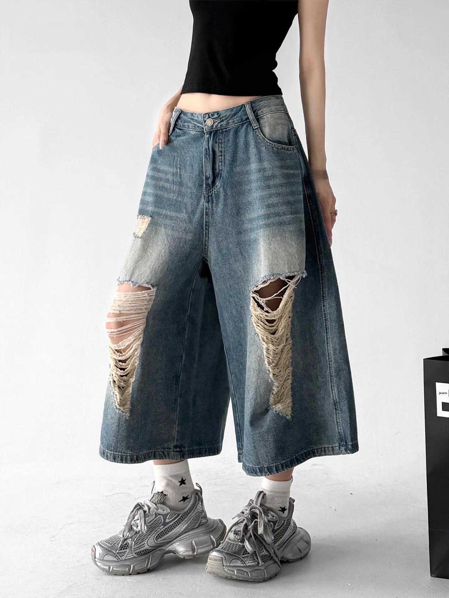 

Low Waist Wide Leg Denim Jeans Women Summer Thin Loose Straight Street Style Seven Feet Pants Cotton Polyester Blend