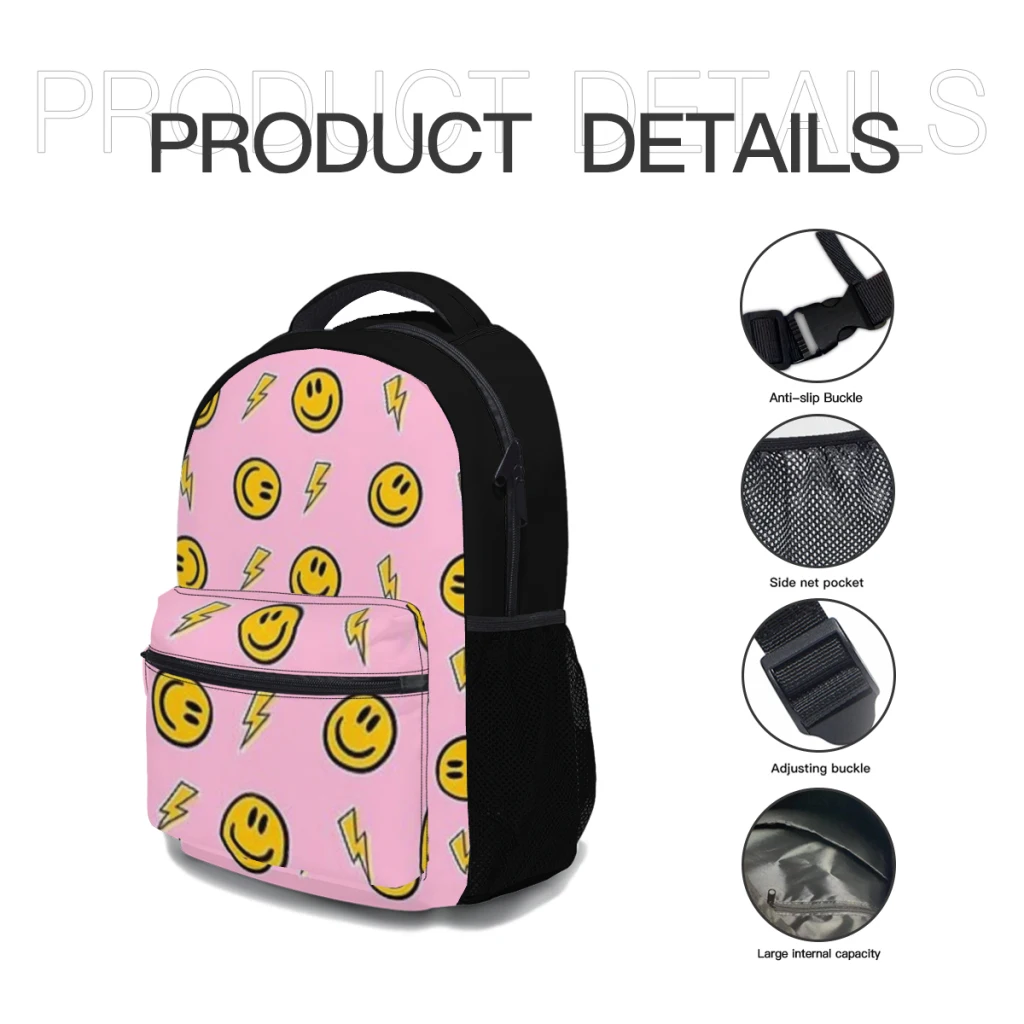 Preppy School Supplies Pink Happy Face Versatile Backpack Large Capacity Waterproof Backpack Washable Computer Bag Unisex