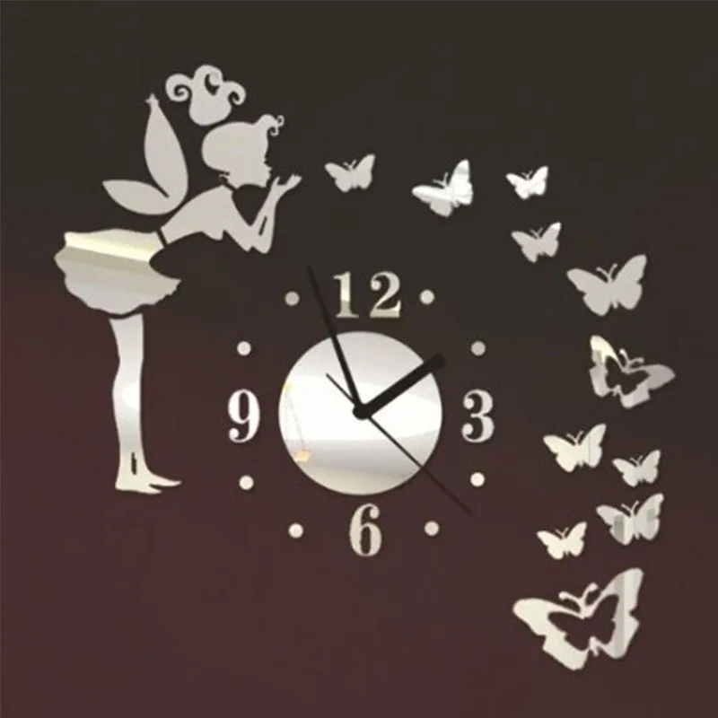 Cute DIY Crystal Wall Clock Quartz Needle Mirror Angel Butterfly Ornaments Wall Stickers for Living Room Elf Home Decoration