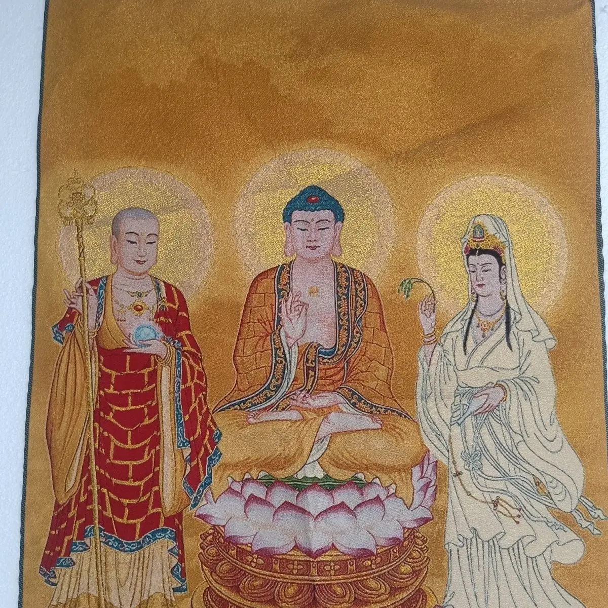 Tibet Tibetan Cloth Silk The three saints of the west buddha guanyin ksitigarbha bodhisattva Thangka Embroidery Painting