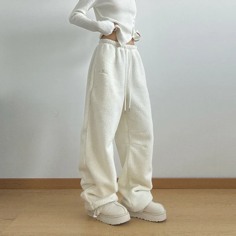 النساء القطبية الصوف السراويل 2025 الشتاء المرأة صوف مبطن بنطال ذو قصة أرجل واسعة الكاكي سميكة الدافئة فضفاض بناطيل كاجوال