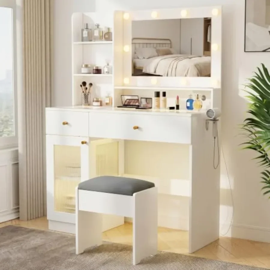 White makeup vanity desk for bedroom: MDF dressing table with LED mirror and 2 smooth-gliding drawers, modern minimalist design