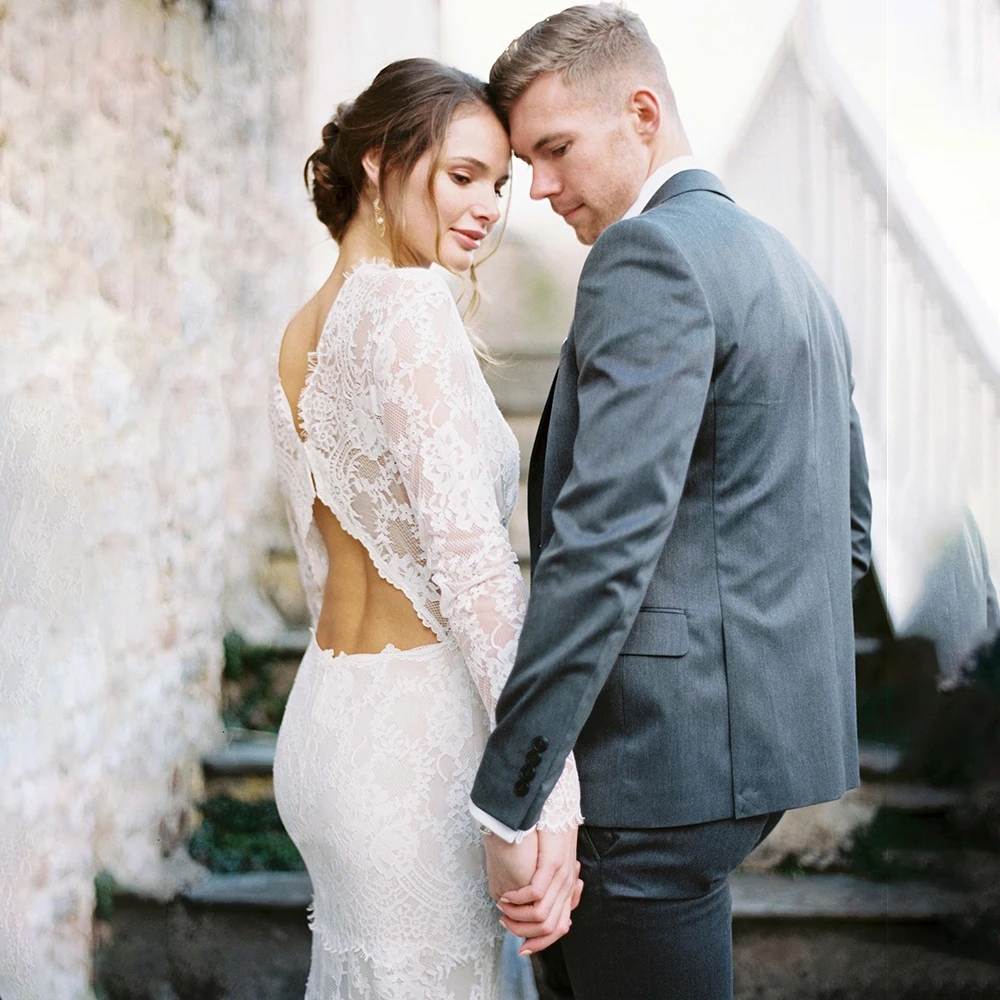 Vestidos de novia de encaje de manga larga, recorte personalizado, espalda abierta, ilusión, cuello barco, tren capilla, vestido de novia bohemio de sirena