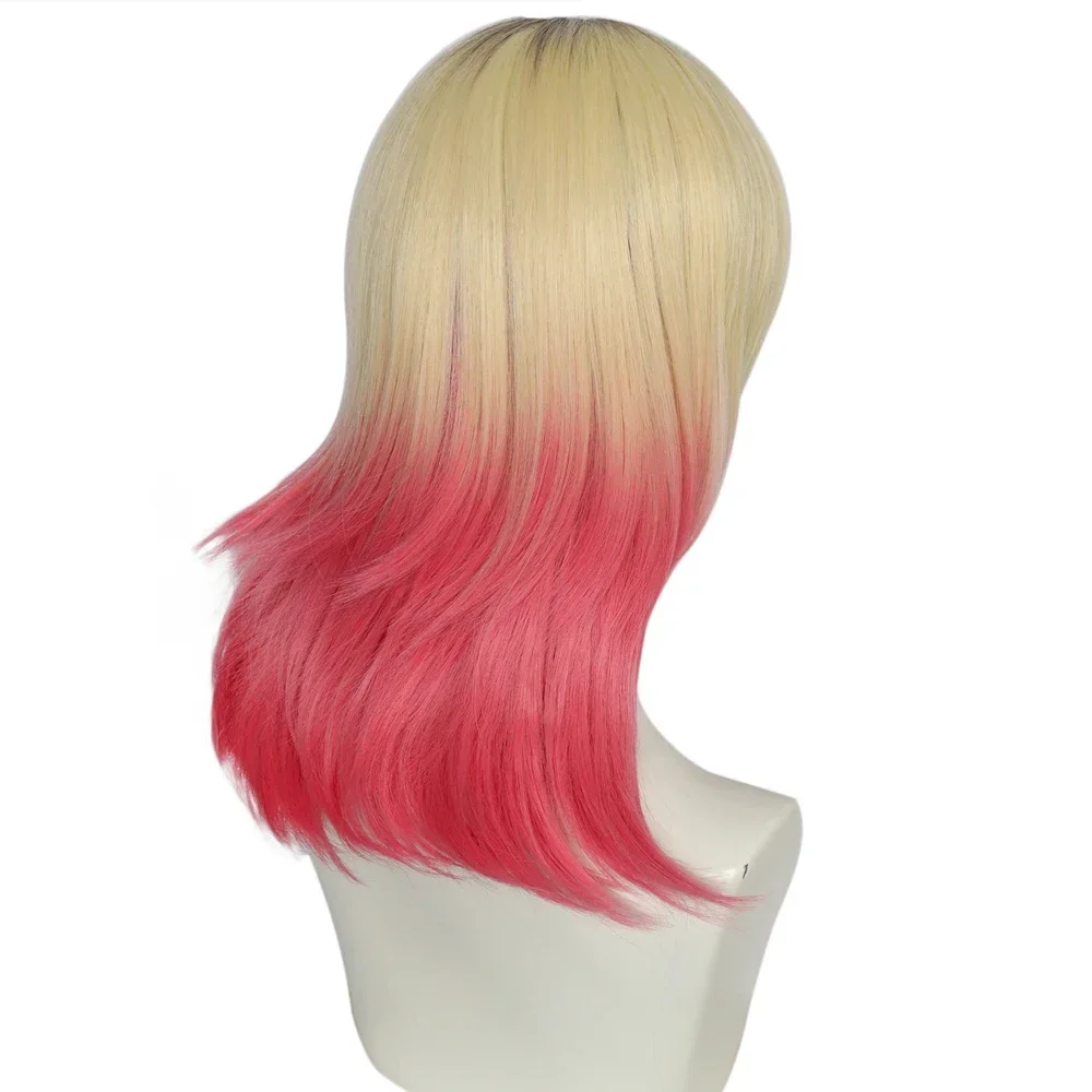 Wig Cosplay Anime sintetis Ombre pirang merah muda gradien Wig lurus pendek dengan poni Wig rambut alami untuk pesta