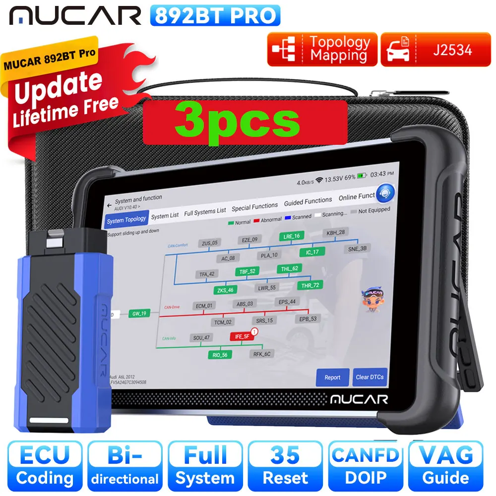 3 stuks MUCAR 892BT Pro AI-ondersteunde OBD2-scanner Topologiekaart Volledige systeemdiagnose 35 resetfuncties J2534 /CAN FD/DoIP Levenslange gratis update