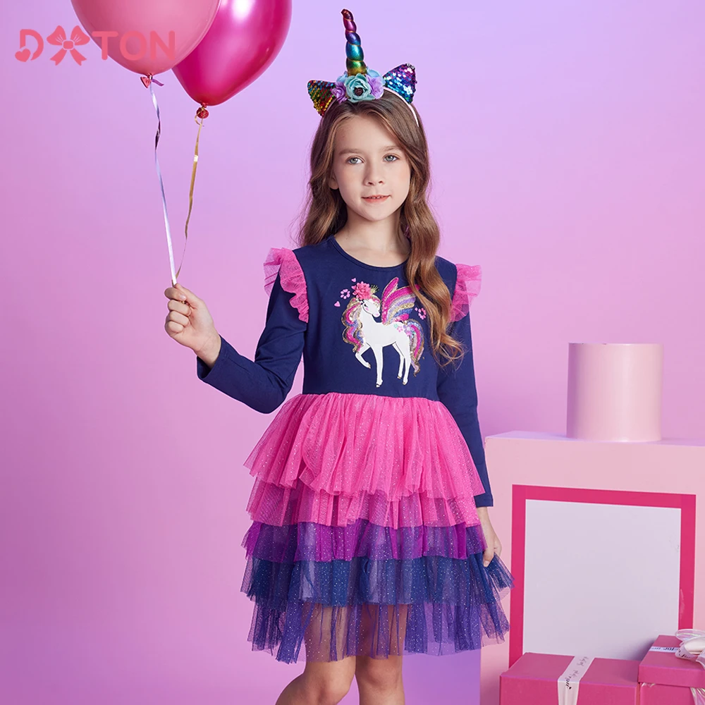 DXTON Long Sleeve Children's Dress Unicorn Cartoon Print Girls Comfortable Clothing Ruffled Holiday Party Kids Princess Dresses