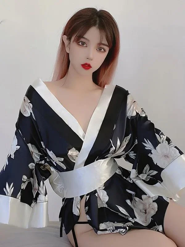 Spring Japan Style Robe Vintage Fashionable Dresses Sexy Deep V Bandage Waist Print Chiffon Kimono Role Play Uniform Dress 4IQF