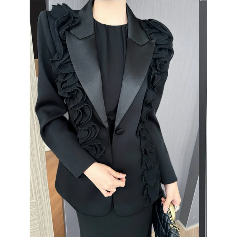 

SuperAen Long-sleeved Women Suit Coat Black 2026 Autumn New Luxury Design Three-dimensional Flower Pattern Waist Coats