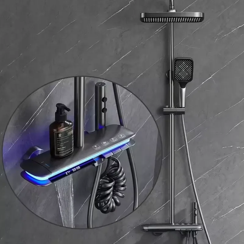 Modern LED Digital Shower Set Brass Smart Thermostatic Mixer Faucet Hot Cold Rainfall Bathtub Spray Grey Bathroom Fixture Tap