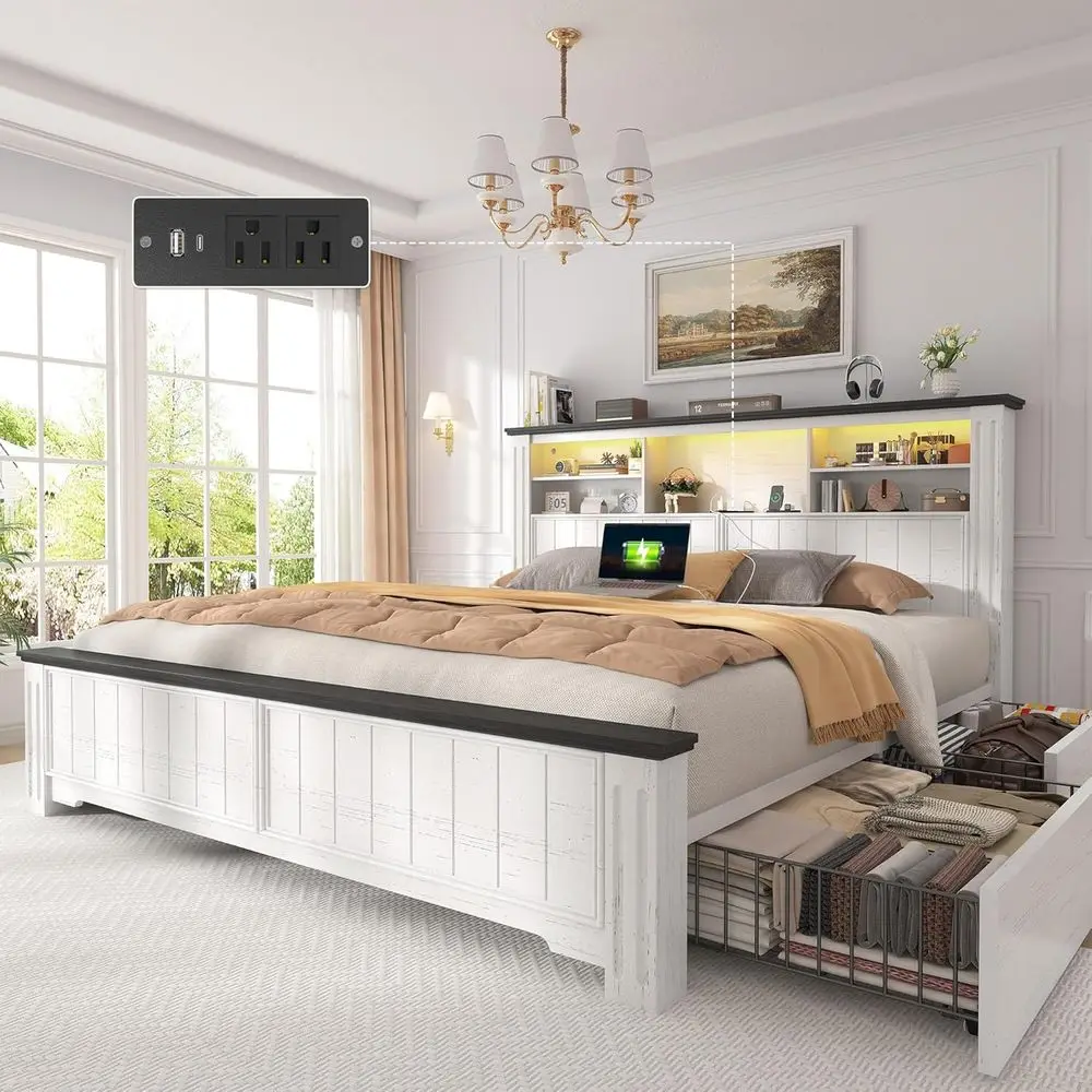 

Белая деревянная кровать размера «queen-size» с 4 ящиками, светодиодной подсветкой, зарядными портами, пружиной без коробки, бесшумный дизайн