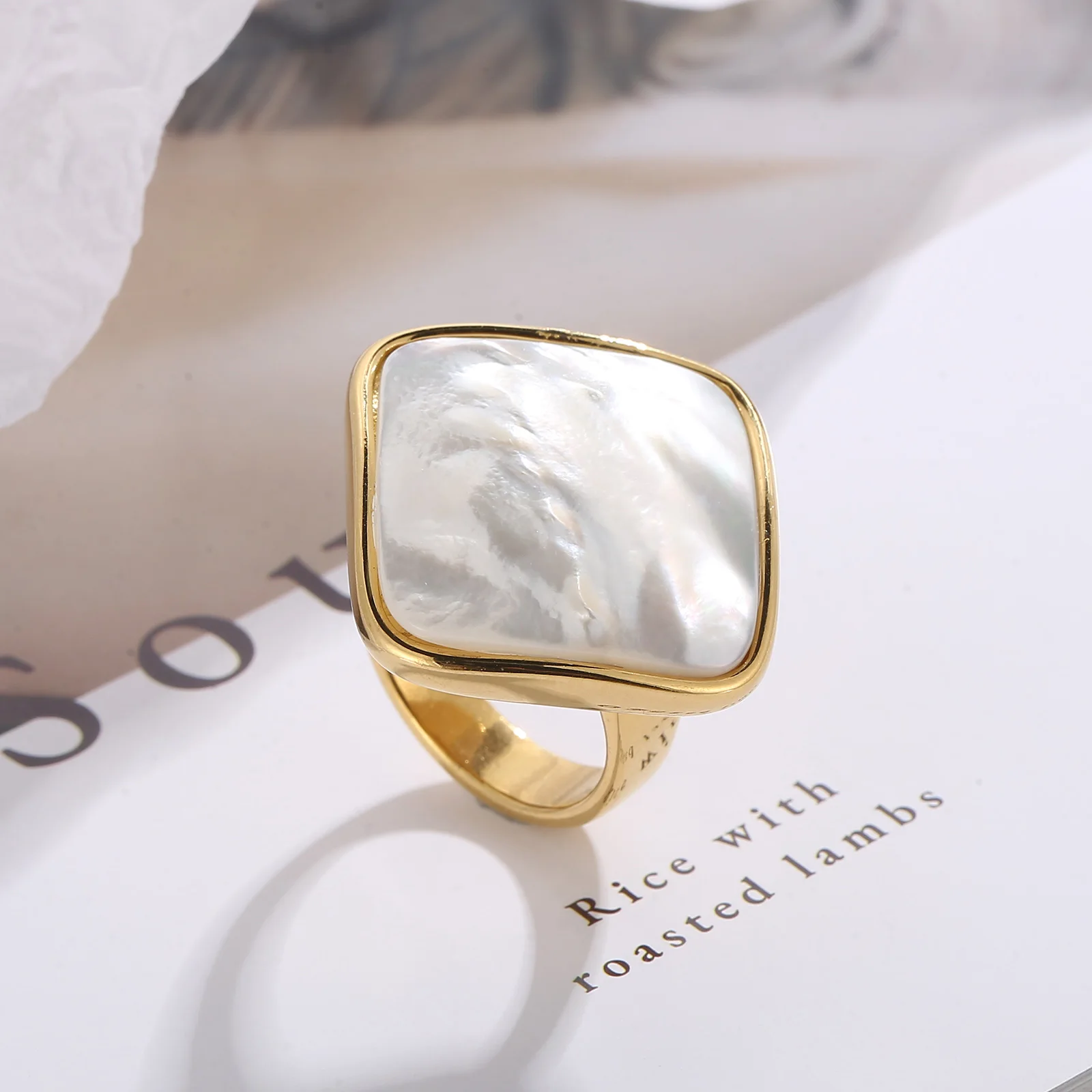 KALEN Big Stainless Steel Pearl Shell Rings For Women Girls Geometry Square Turquoise Rings Party Jewelry