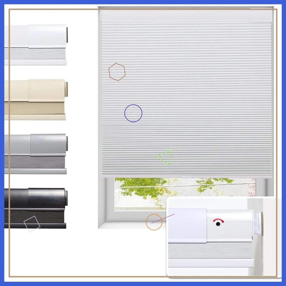

No Drill Cellular Shades for Windows, Thermal Insulating & Noise Reducing Honeycomb Blinds, Cordless Blackout, White 35x64 in