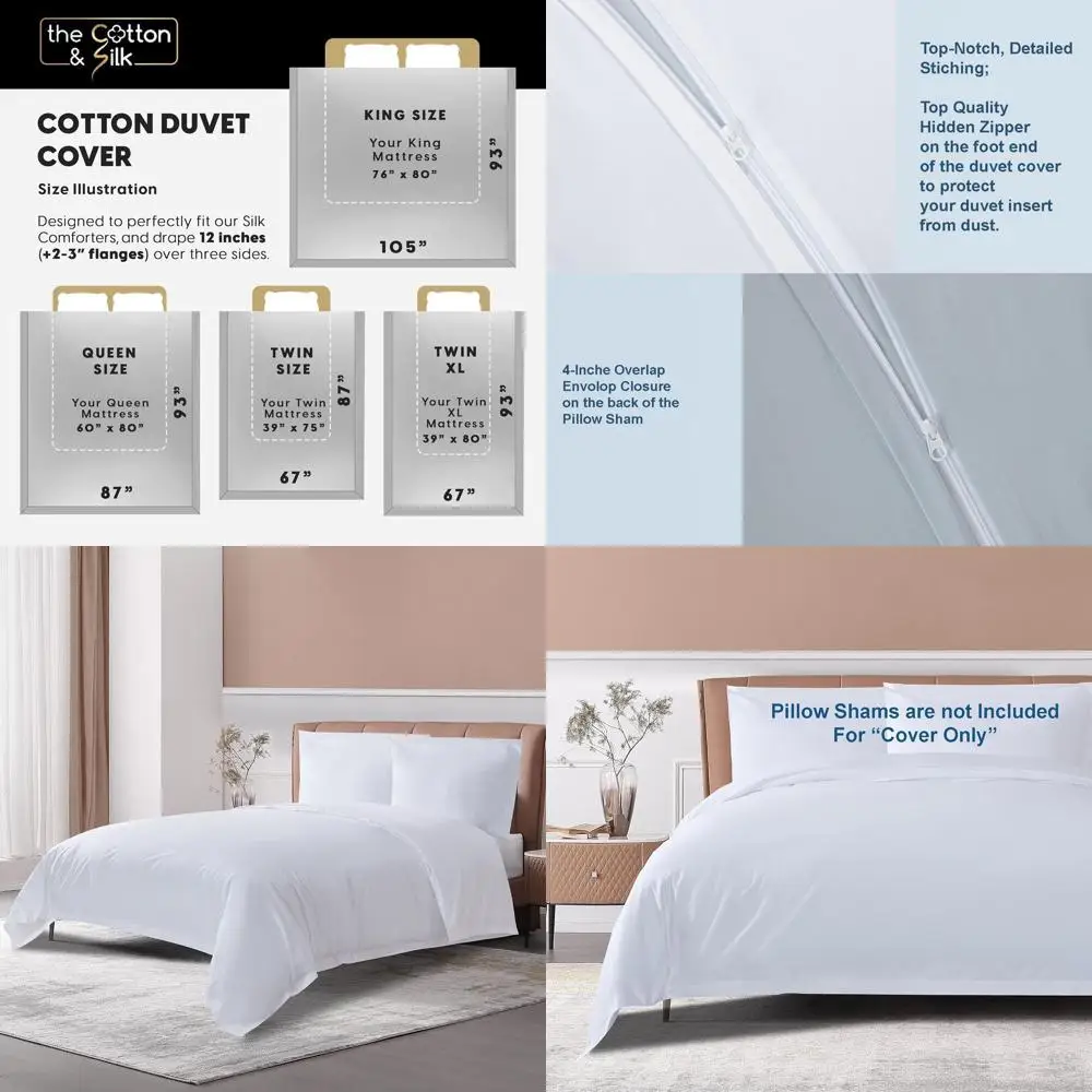 

Роскошный пододеяльник из 100% хлопка — мягкий, дышащий, с угловыми завязками и потайной молнией — белый Twin XL