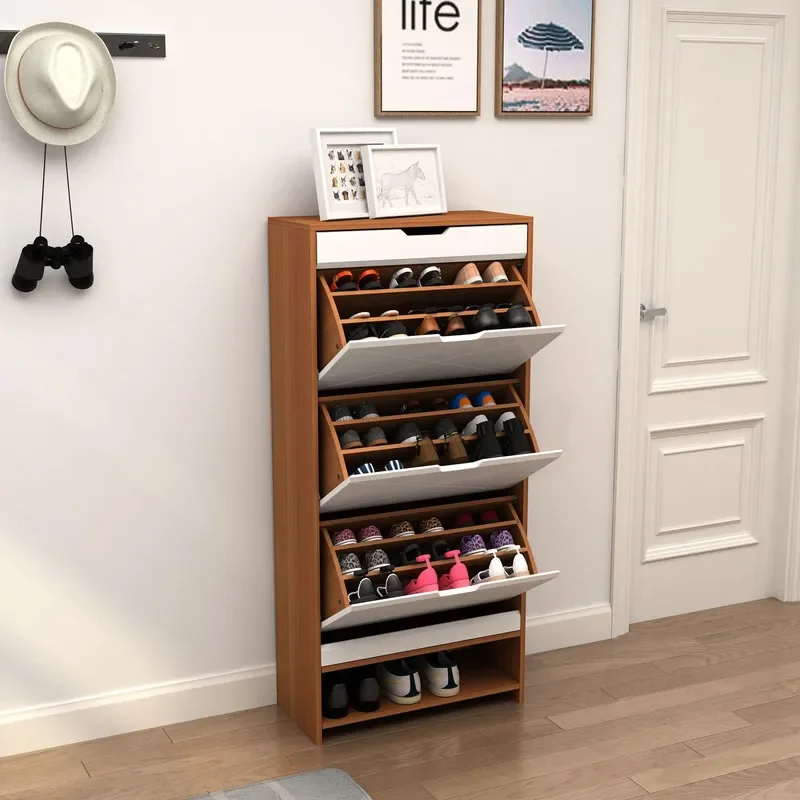 For 2026 New Light Luxury Ultra Thin Shoe Cabinet Household Door Shoe Rack Large Capacity Tipping Bucket 4 Layer Spray Paint