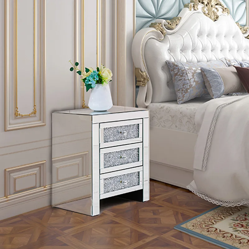 

Diamond silver mirror bedside table bedroom with drawer mirror and American bedside table glass mirror Nordic three dra