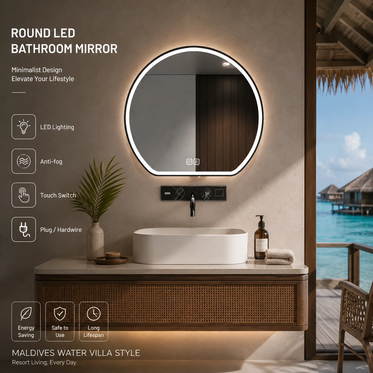 50CM Semi Round LED Bathroom Mirror, Wall Mounted Aluminum Frame, Touch Sensor, 3 Color Light, AC110-240V, IP44 Waterproof