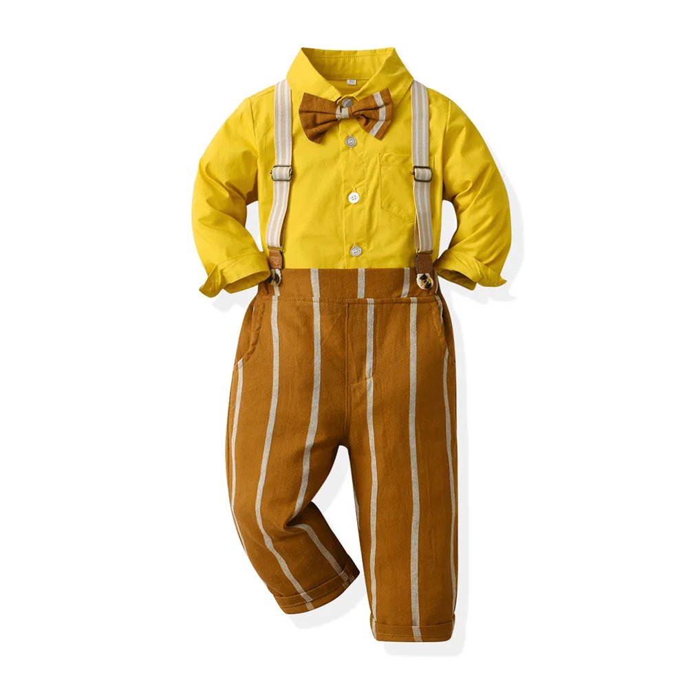 

Gentleman Boy Outfits High Quality Children Birthday Party Clothes Solid Shirt with Striped Pants 1-9 Years Kids Formal Suits