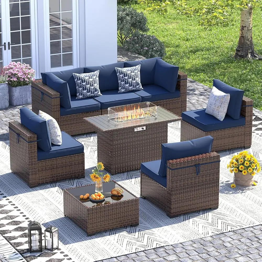 

Patio Furniture Set With Fire Pit Table, 8 Piece Outdoor Sectional Modular Sofa, Wicker Outdoor Furniture Conversation Sets
