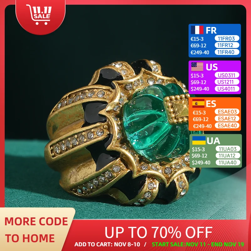 

Vintage Green Pumpkin Rings Rhinestones Glass Gold Color Luxury Brands Jewelry 2025 Halloween Woman Antique Accessories 2025