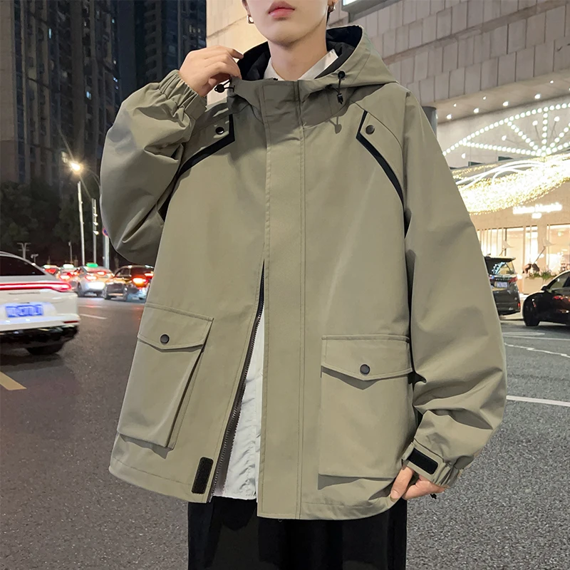 2025 New Spring Jacket Men Korean Fashion Unisex Hooded Windbreaker Multi-Pockets Casual Jackets Oversized Coat Plus Size 8XL