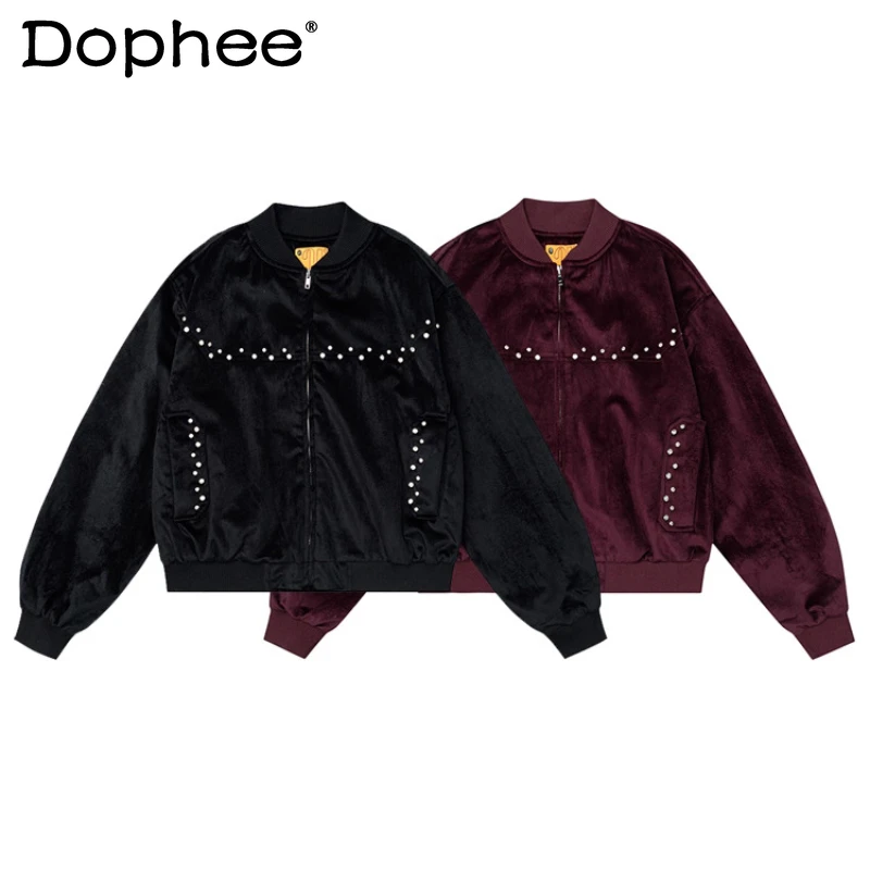 

Men's 2025 Autumn New Trendy Versatile Comfort Jackets Fashion Velvet Rhinestone Baseball Jackets Long Sleeve Solid Color Coats