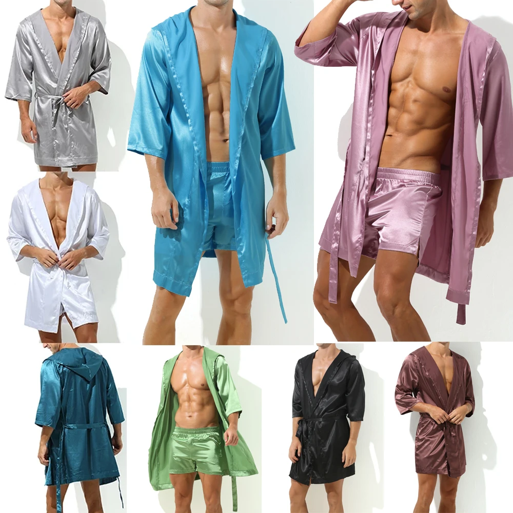 Mens Hooded Bathrobe With Shorts Set Short Sleeve Men Pajama Bath Robe Set Summer Silk Satin Nightgown Kimono Bathrobe Sleepwear