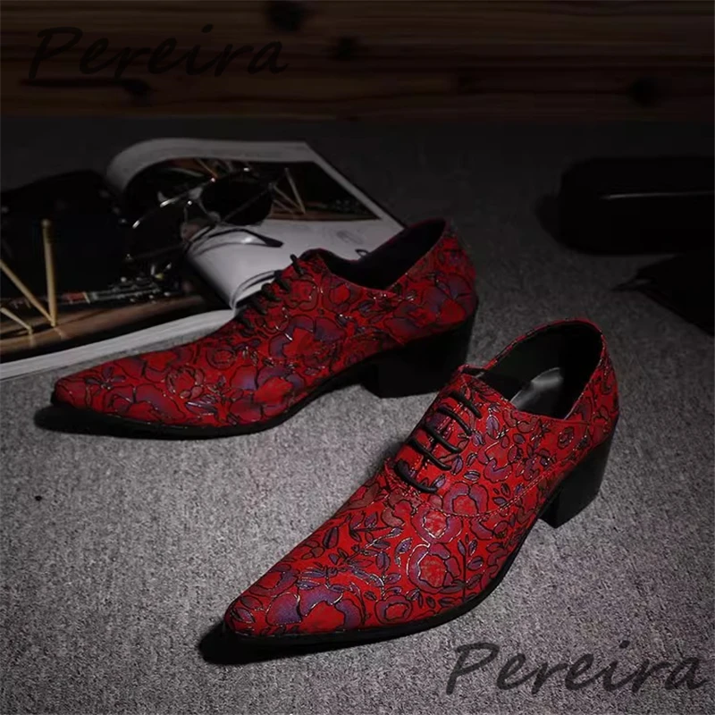 Blue Carved Cowhide Men's Shoes British Red Flower Print Pointy Toe Height Increase Lace Up Oxfords Trendy Casual Business Shoes