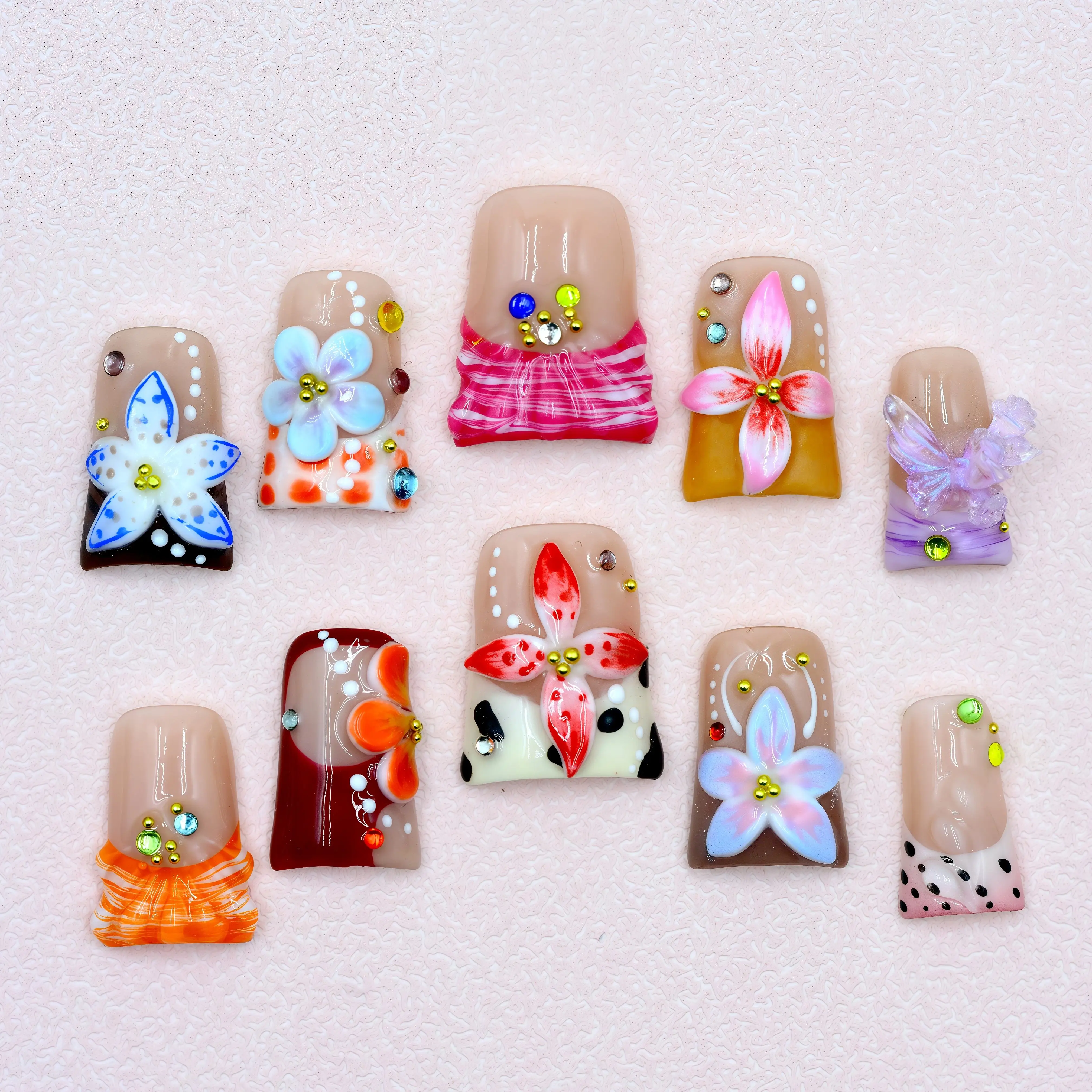 

Handmade Floral Press - on Nails Set, 3D Flower & Rhinestone Details, Retro Sweet Style, Salon - Quality Wearable Nails