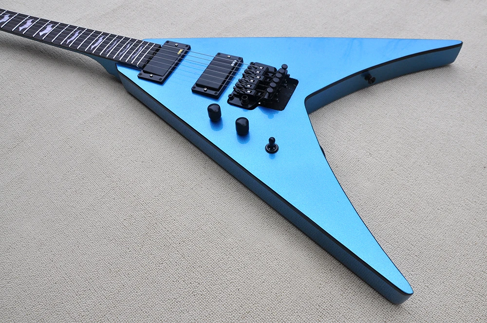 Left Hand 6 Strings Blue V Electric Guitar with Tremolo Bar,Rosewood Fretboard,Can be Customized