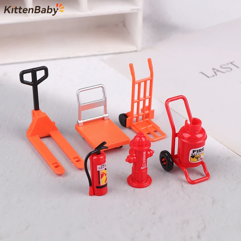 1Set Dollhouse Simulation Fire Hydrant Handling Tool Miniature Hand Trolley Forklift Mini Platform Cart Toy Construction Props