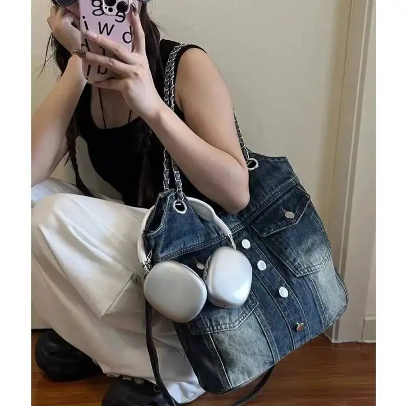 Bloom Hot Girls Denim Shoulder Bags Women Vintage Haruku Pocket Large Capacity Handbag Ladies Retro Casual Underarm Bag Y2k