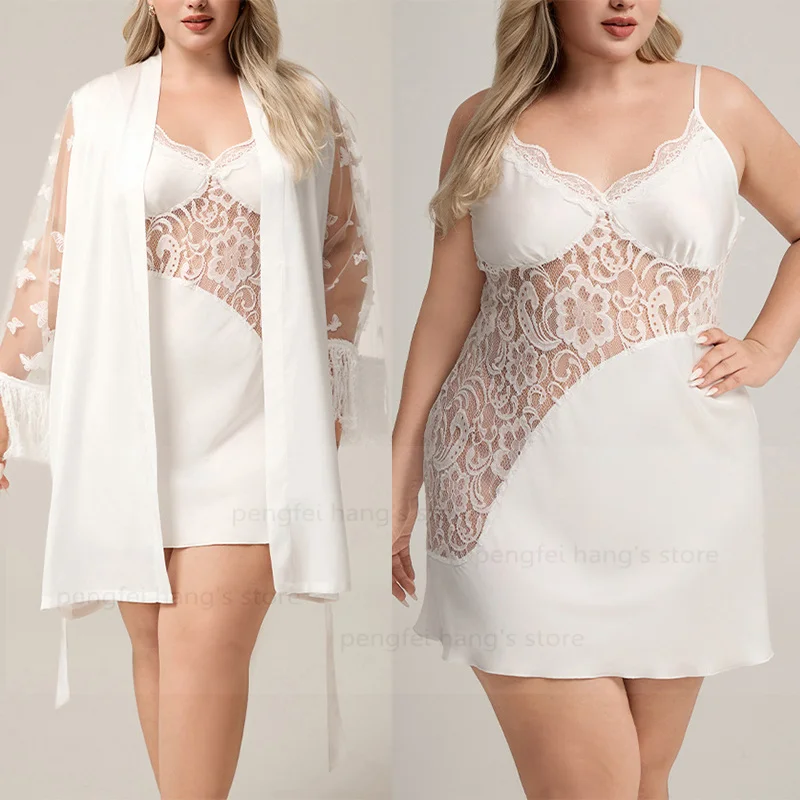 

Халат большого размера 3Xl 4Xl 5Xl, женская сексуальная одежда для сна, кружевное кимоно с сетчатыми рукавами, Vestidos De Novia, атласное домашнее белье, нижнее белье
