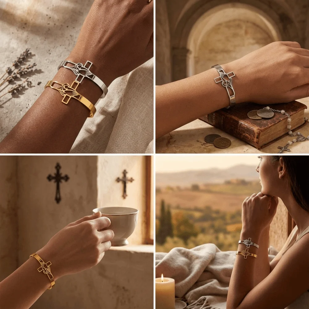 Polished Stainless Steel Cross Bangle Open-Ended Design Tarnish-Resistant Cuff Bracelet Unisex Adjustable Timeless Appearance
