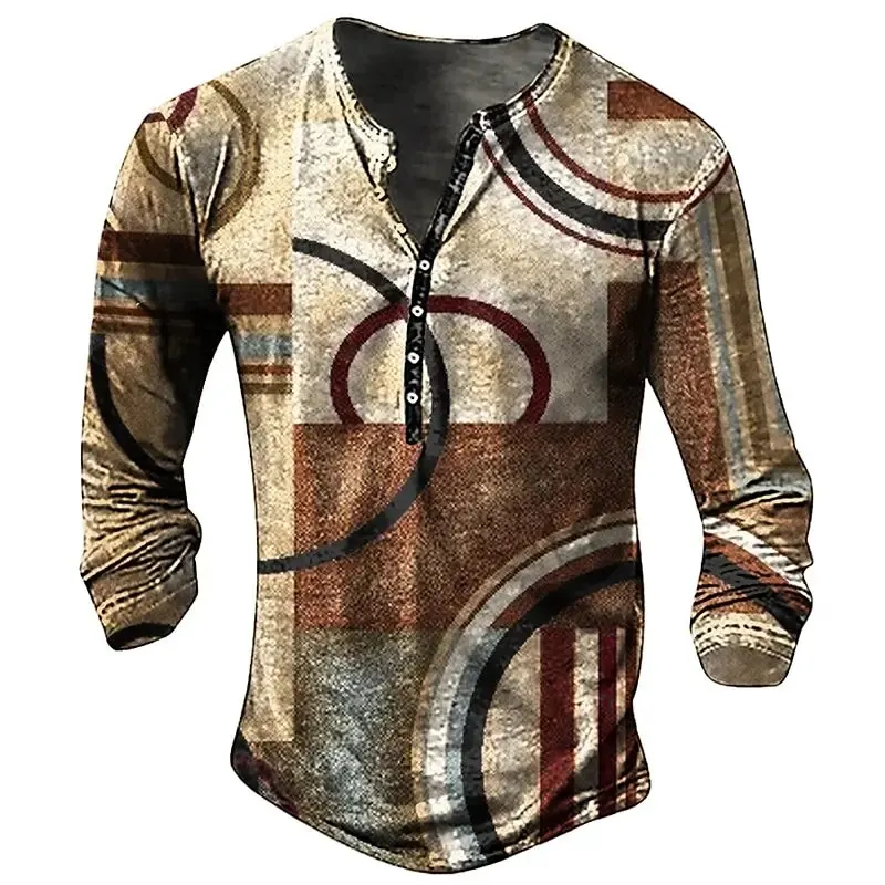 Vintage Men\'s T Shirt Textured Pattern T Shirt Patchwork 3D Printed Long Sleeve Shirt Hennessy Oversized Men\'s Fall Loose Top