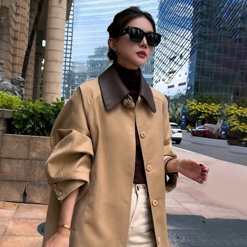 

Элегантное пальто цвета хаки с пэчворк-воротником, уникальное стильное пальто средней длины для повседневной носки, в корейском стиле, с длинными рукавами