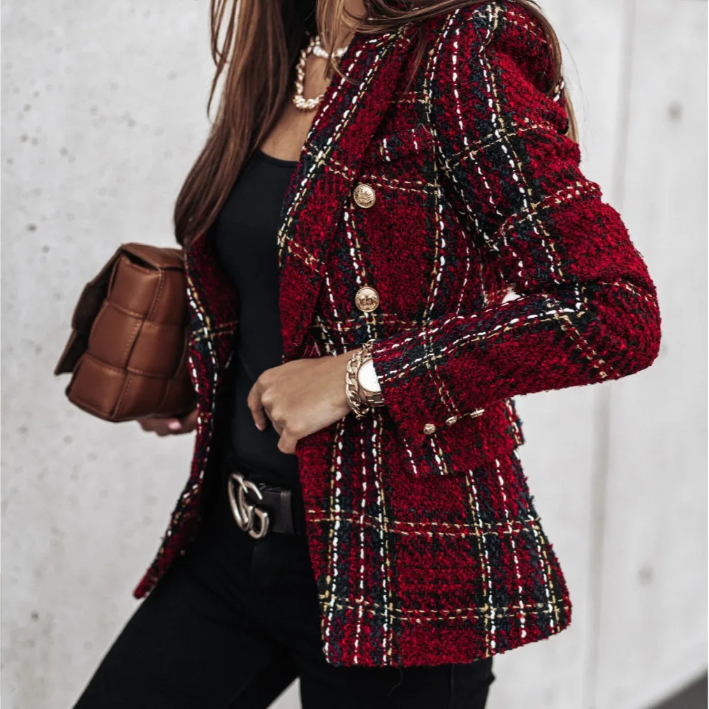 New Women Vintage Long Sleeve Double Breasted Plaid Blazer Coat Flap Pockets Casual Buttons Autumn Blazer Female Outerwear