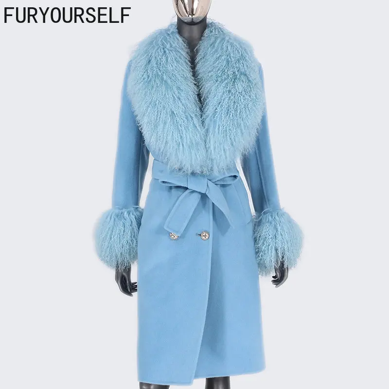 

FURYOURSELF 2023 Long Natural Mongolia Sheep Real Fur Coat Autumn Winter Jacket Women Double Breasted Belt Wool Blends Overcoat