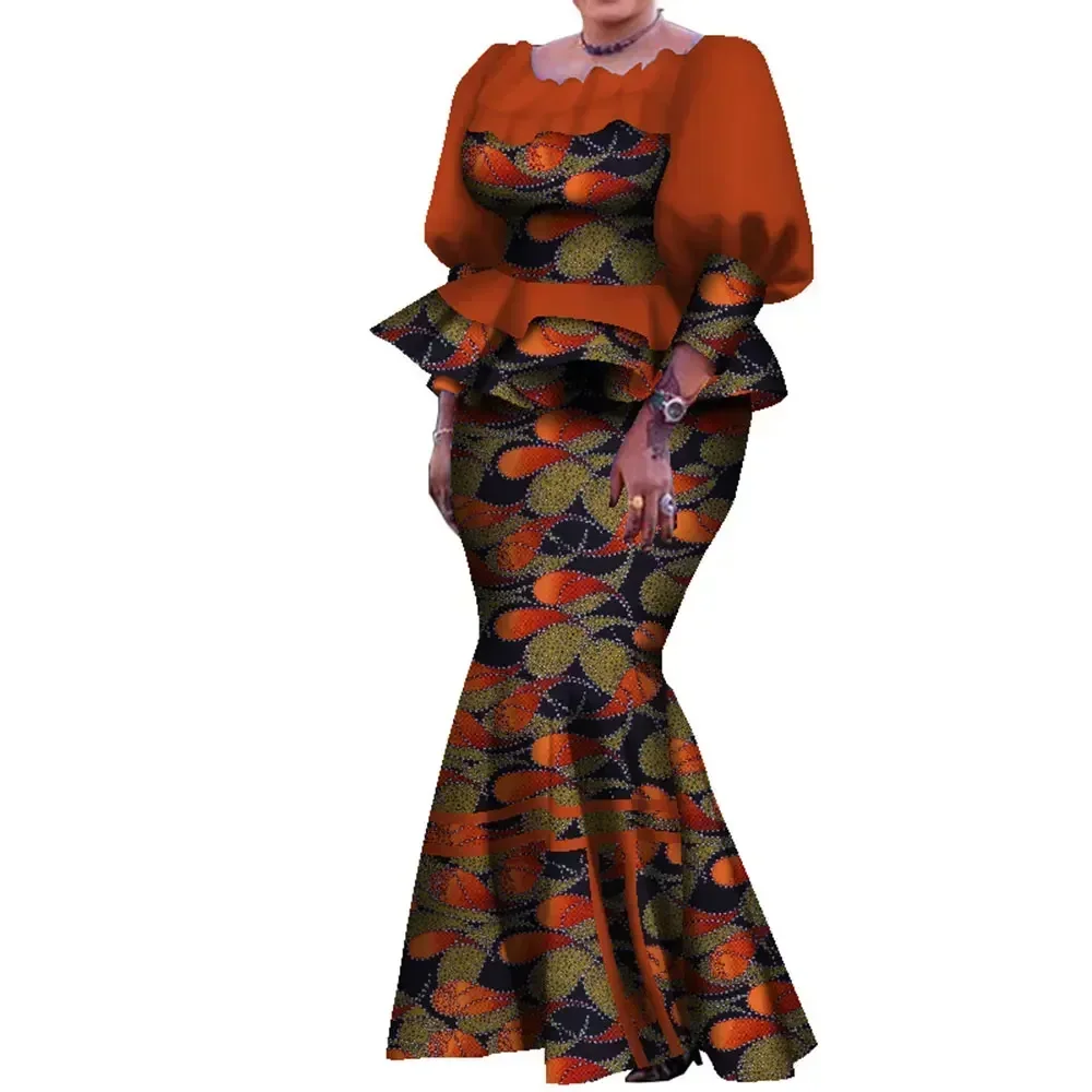 Traditional African Women Skirt Suit Pleated Top and Ankle Length Skirt Lovely Lady Plus Size Female Autumn Skirt Set WY7907