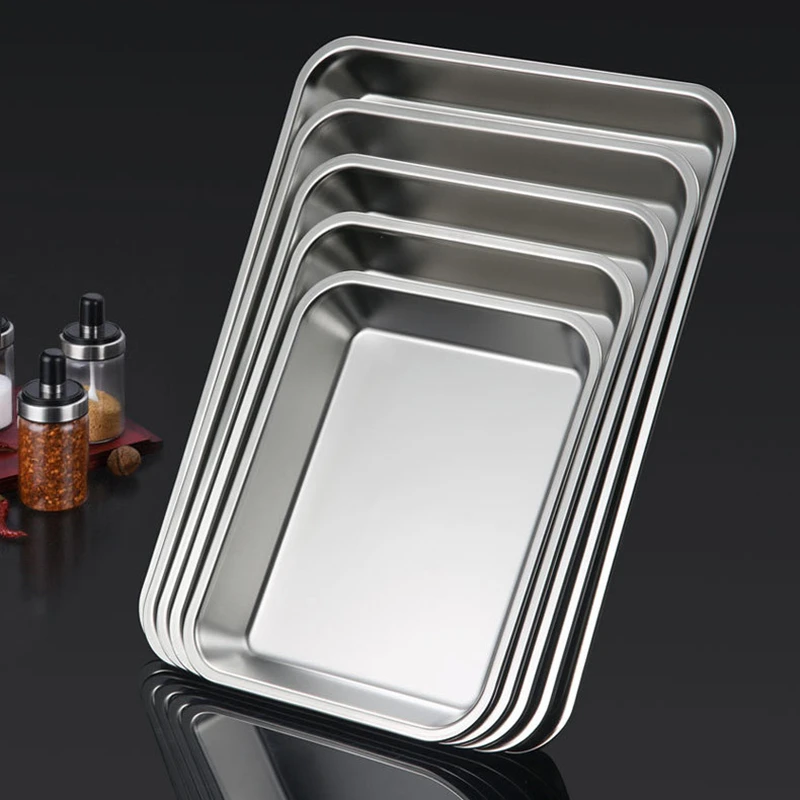 Thickened 304 Stainless Steel Food Serving Tray Buffet Presentation Trays Drain Rack Grease Trap Baking Plates Kitchen Organizer