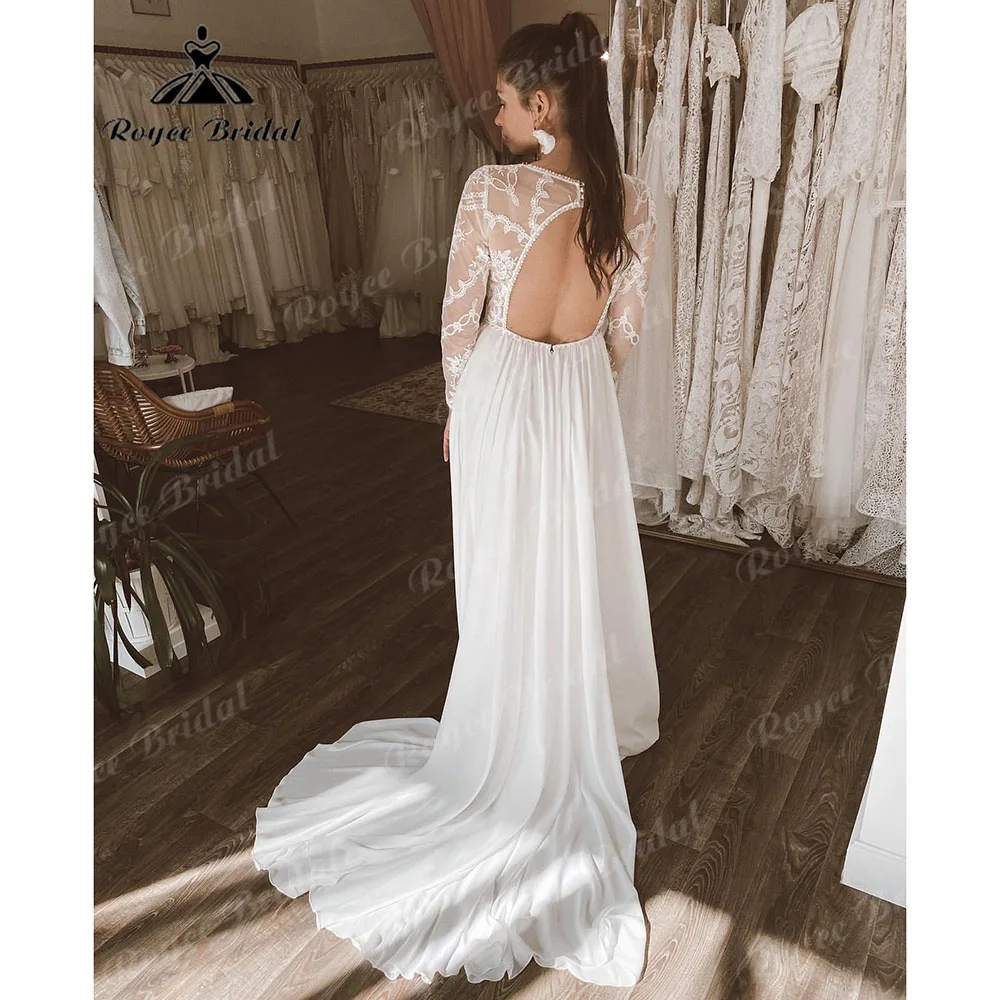 2023 Beach manica lunga in pizzo Boho scollo a V con spacco laterale abito da sposa senza schienale con strascico abiti da sposa abito da sposa elegante