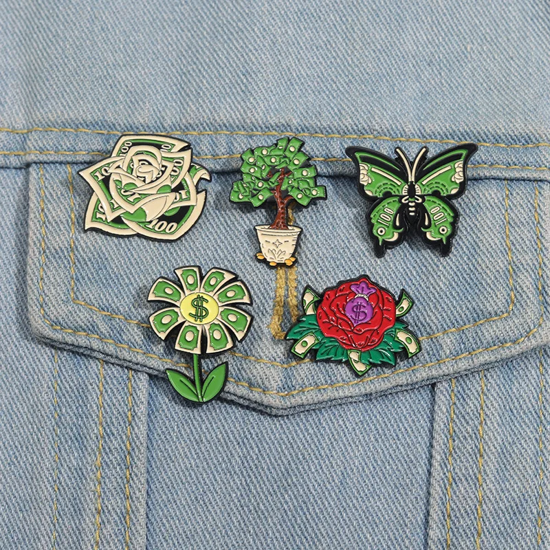 Cartoon Dollar Emaille Pins Geldbörse Get Rich Banknoten Rose Topf Schmetterling Geld Tasche Schwein Burger Geld Abzeichen Broschen Schmuck Geschenk
