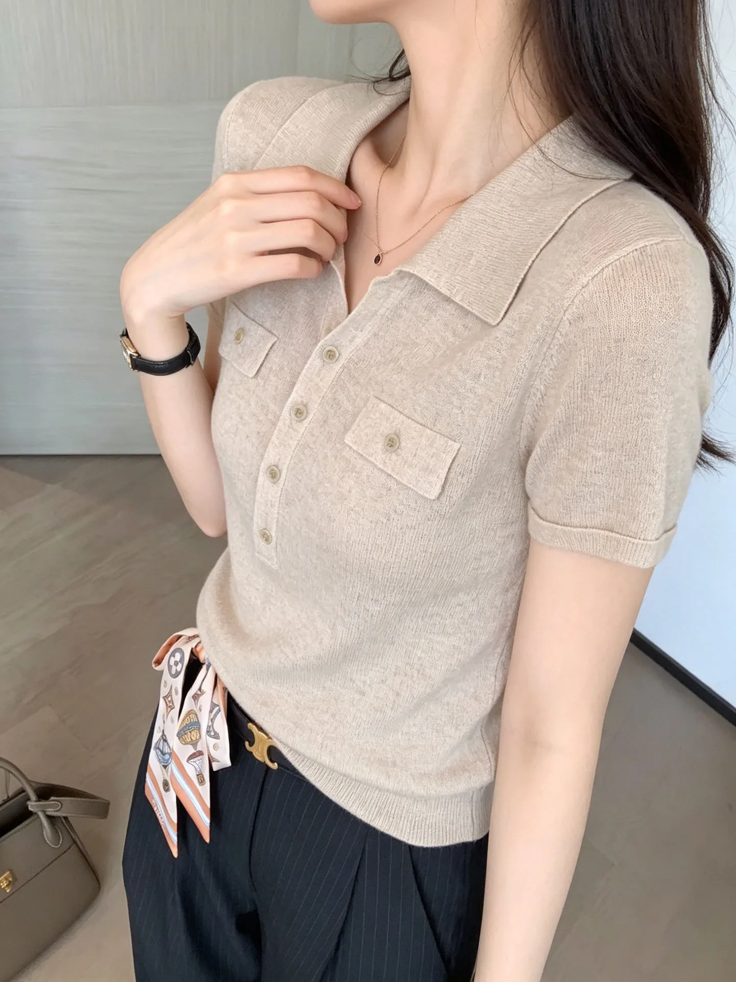 Slim Fit Knitted Short Sleeve  Shirt Women's Summer Fashion Casual Wear High Waist Button Detail Commute Friendly