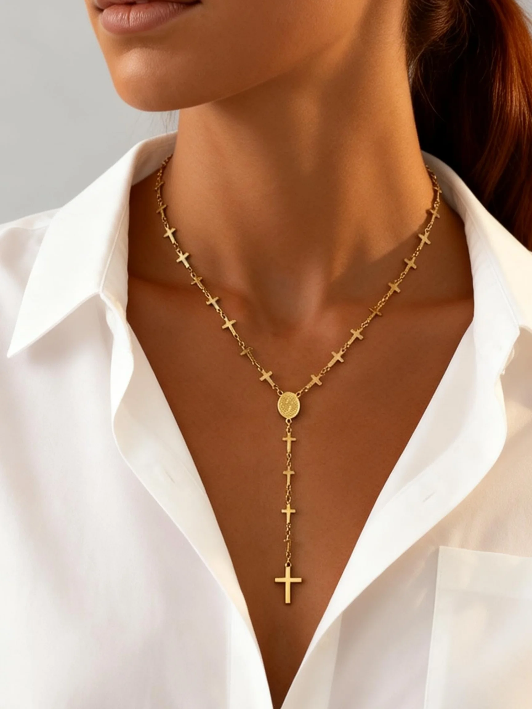 Stainless Steel Cross Chain Virgin Mary Pendant Y-shaped Long Necklace for Women, Holy Spirit Pray Religious Jewelry Gift